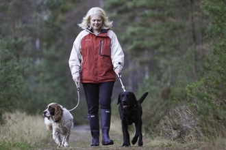 Photo of a woman walking two dogs on leads