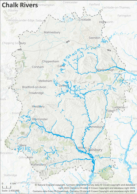 Map showing chalk rivers in Wiltshire