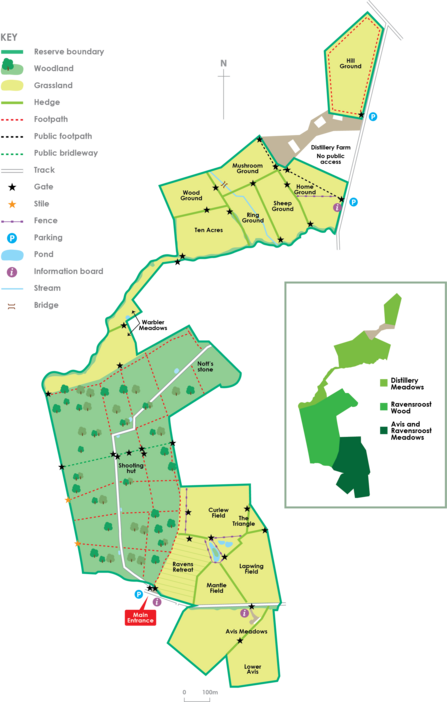 Ravensroost Reserve Map featuring Distillery Meadows, Ravensroost Wood, and Avis & Ravensroost Meadows