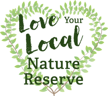 Text Love Your Local Nature Reserve in dark green over a heart made of leaves and branches