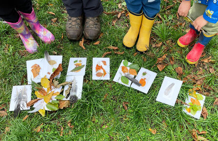 photo of children's feet in wellies around leaf pictures on the grass floor