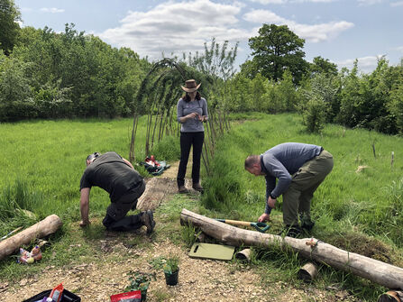 A woman and two men working in garden
