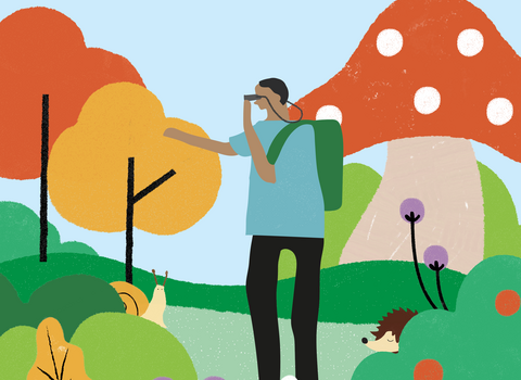 Illustration of a colourful, abstract landscape with a pale blue sky. In the foreground of the image are hedges, flowers, a hedgehog, and a snail. Slightly further from the foreground is a character wearing a turquoise t-shirt with short black hair, looking through some binoculars and pointing into the distance. In the background are trees and an oversized mushroom.